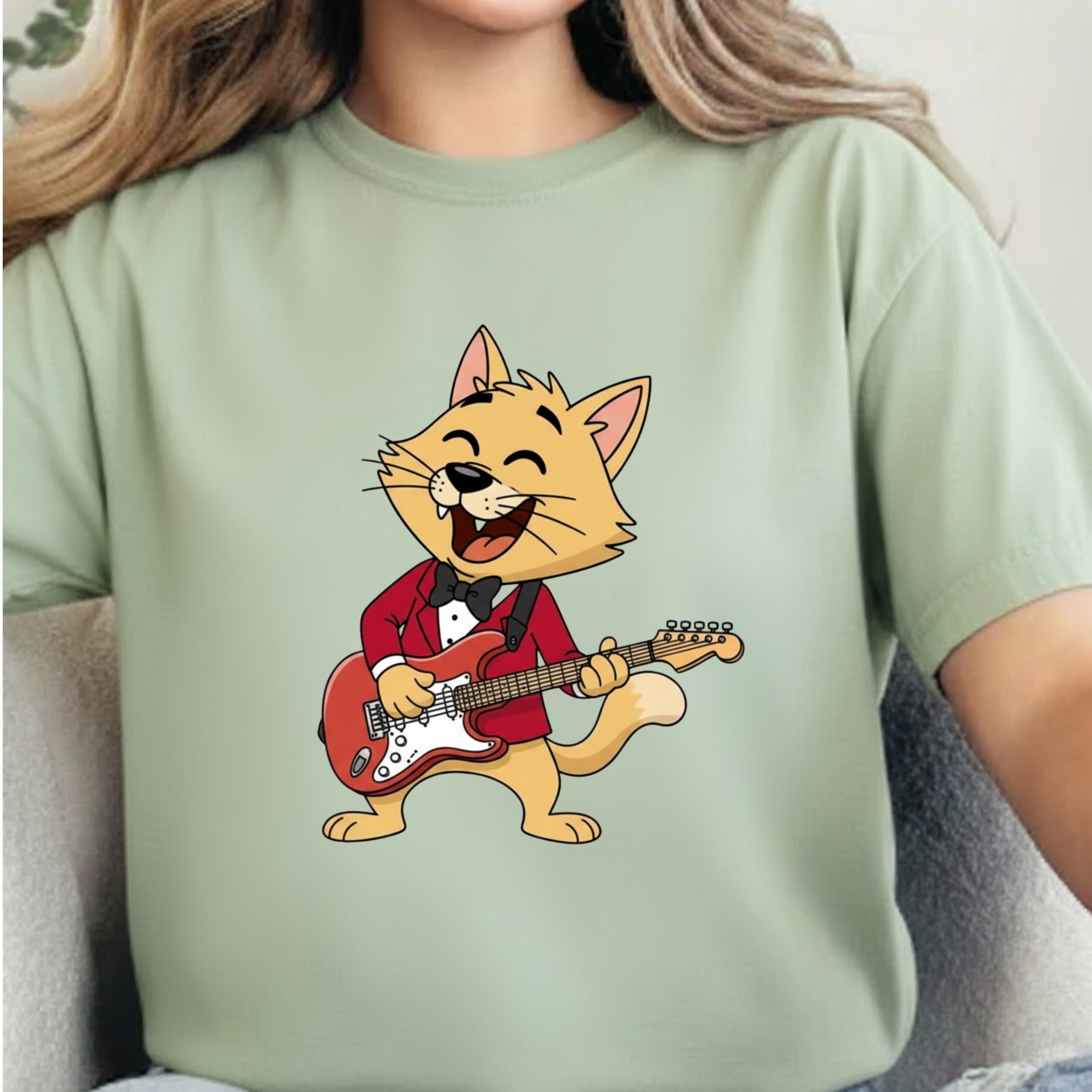 Cat Rocker T-Shirt – Cute Guitar-Playing Cat Graphic Tee