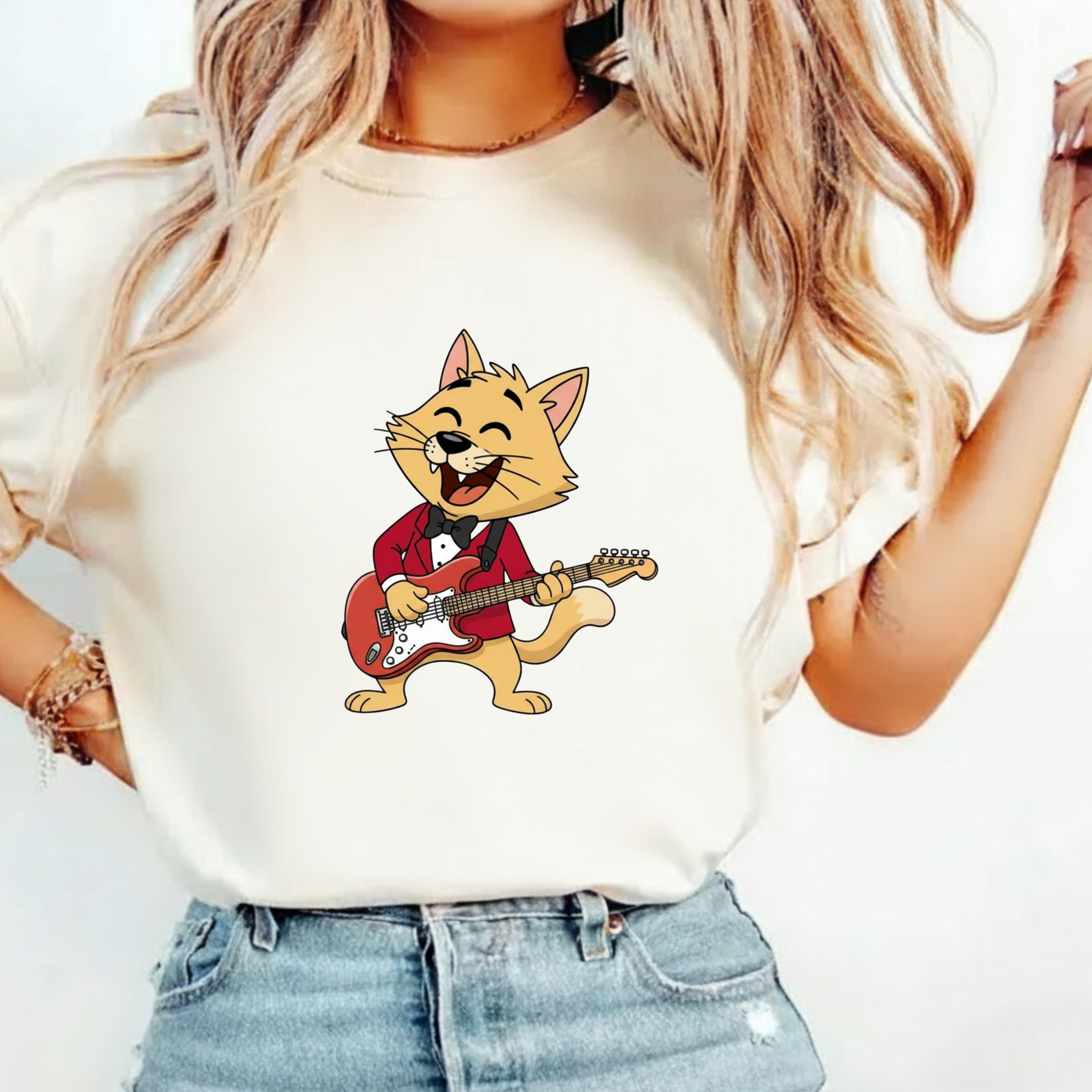 Cat Rocker T-Shirt – Cute Guitar-Playing Cat Graphic Tee
