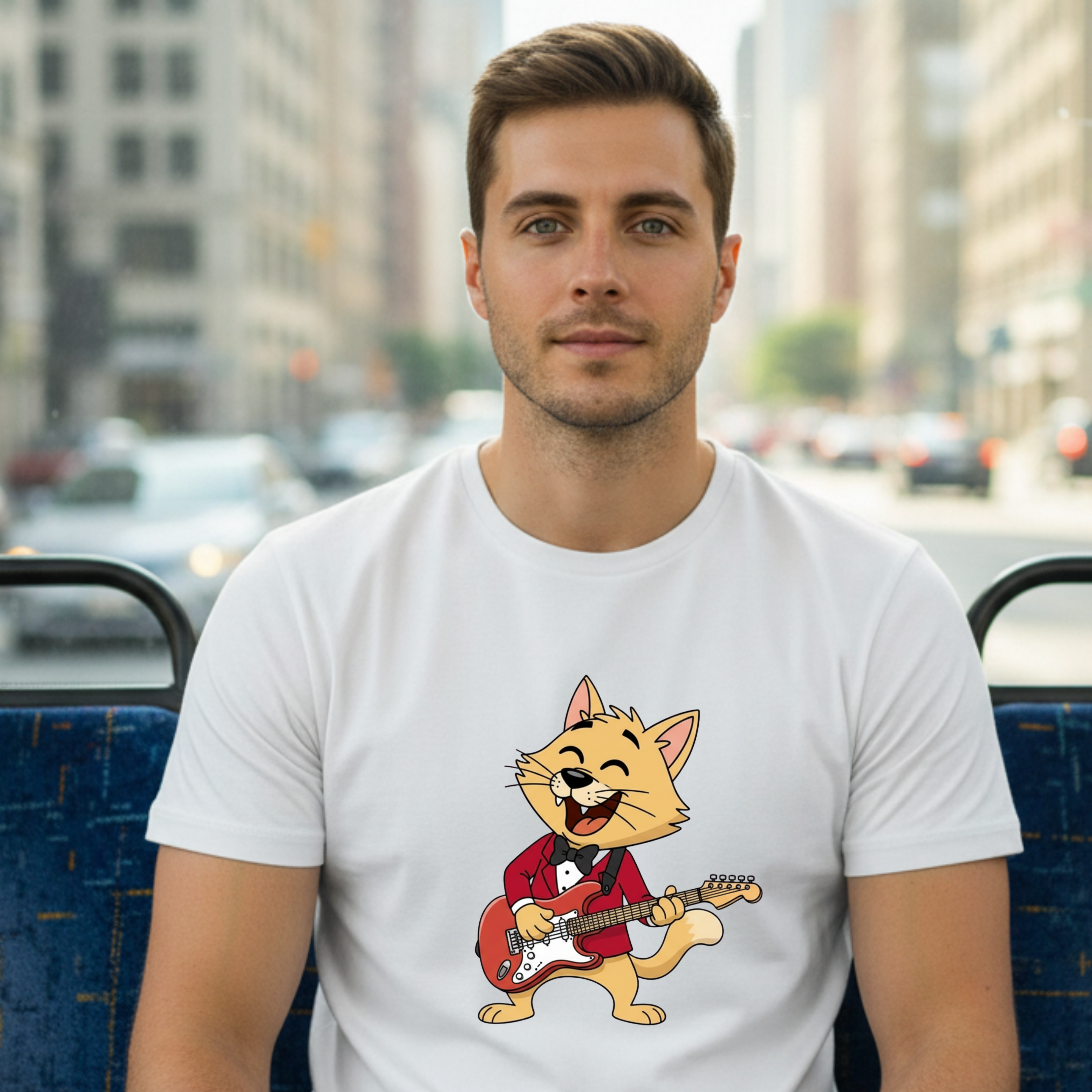Cat Rocker T-Shirt – Cute Guitar-Playing Cat Graphic Tee