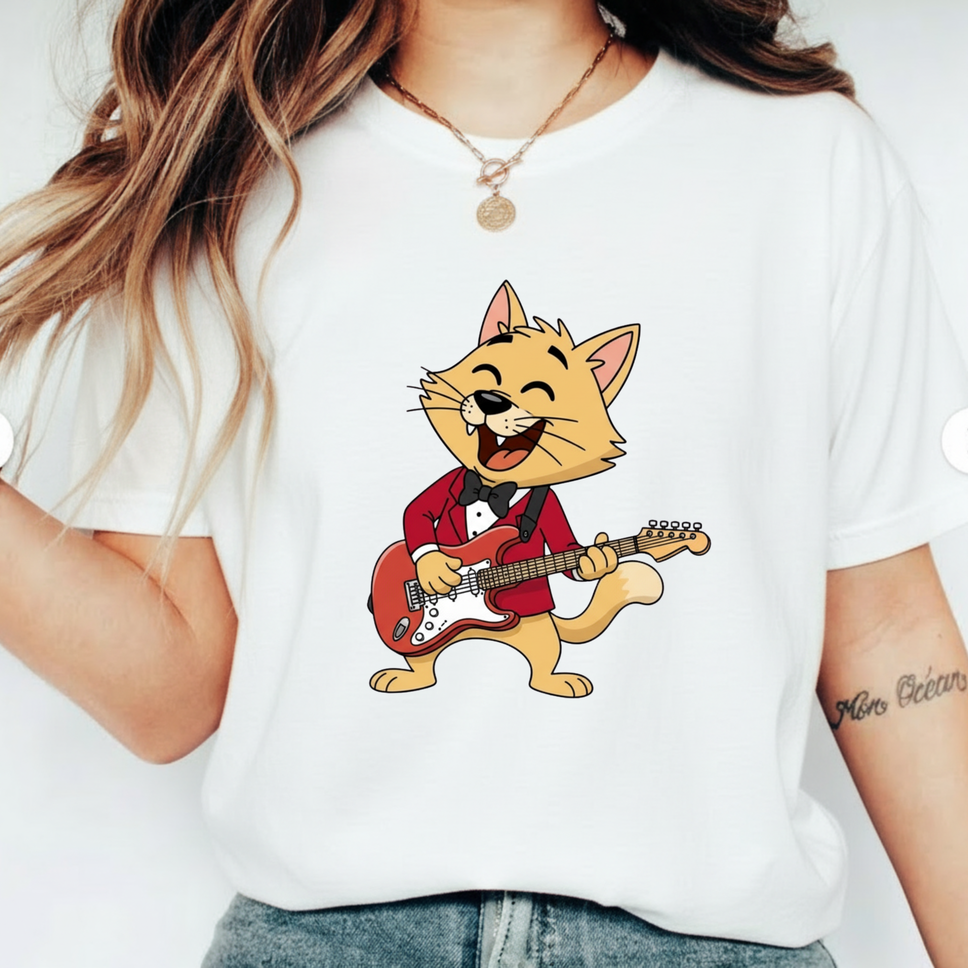 Cat Rocker T-Shirt – Cute Guitar-Playing Cat Graphic Tee