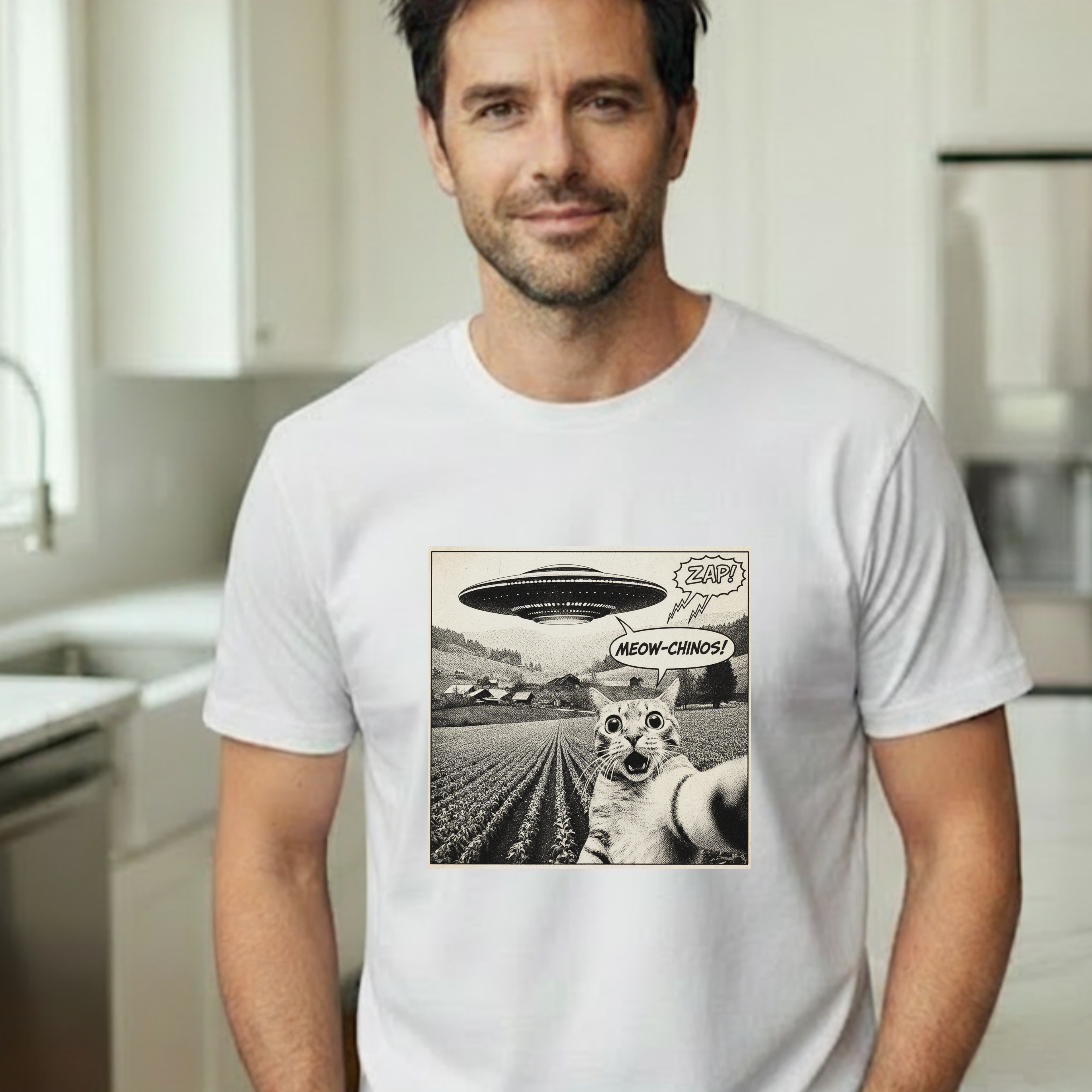 Alien UFO Cat Selfie T-Shirt – Retro Comic "Meow-gnosis" Graphic Tee