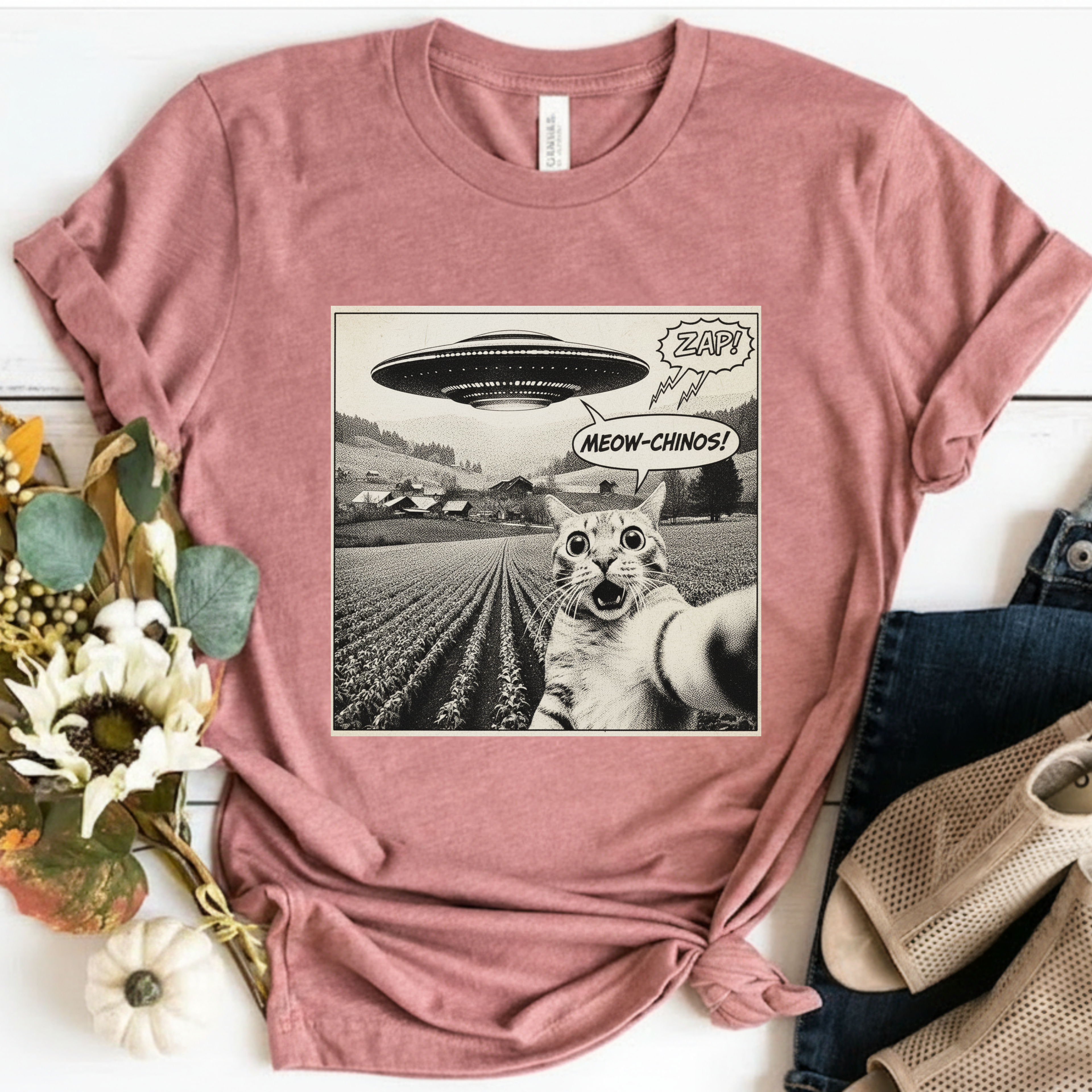 Alien UFO Cat Selfie T-Shirt – Retro Comic "Meow-gnosis" Graphic Tee
