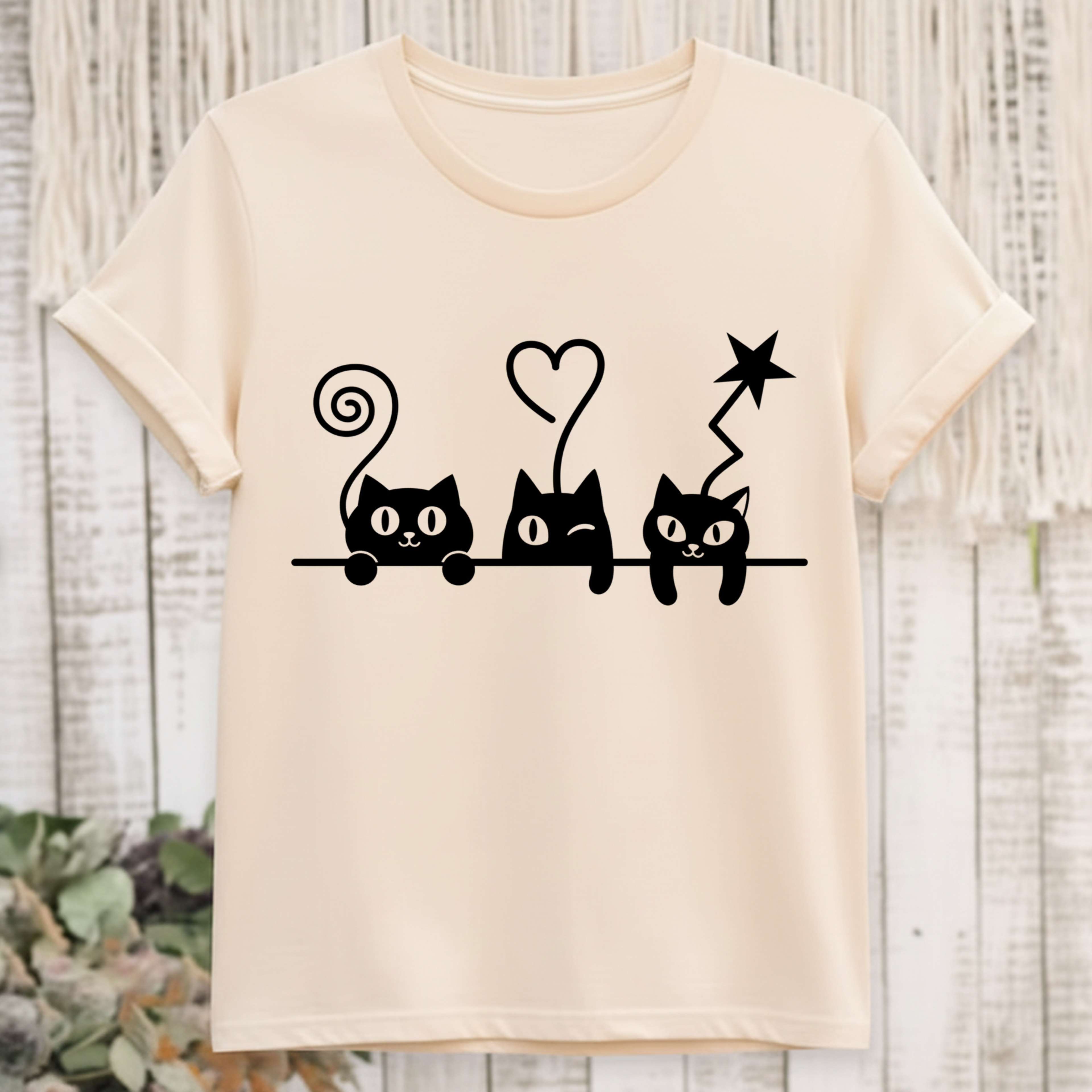 Cat Trio Graphic T-Shirt — Cute Black Cats Heart Magic Tee