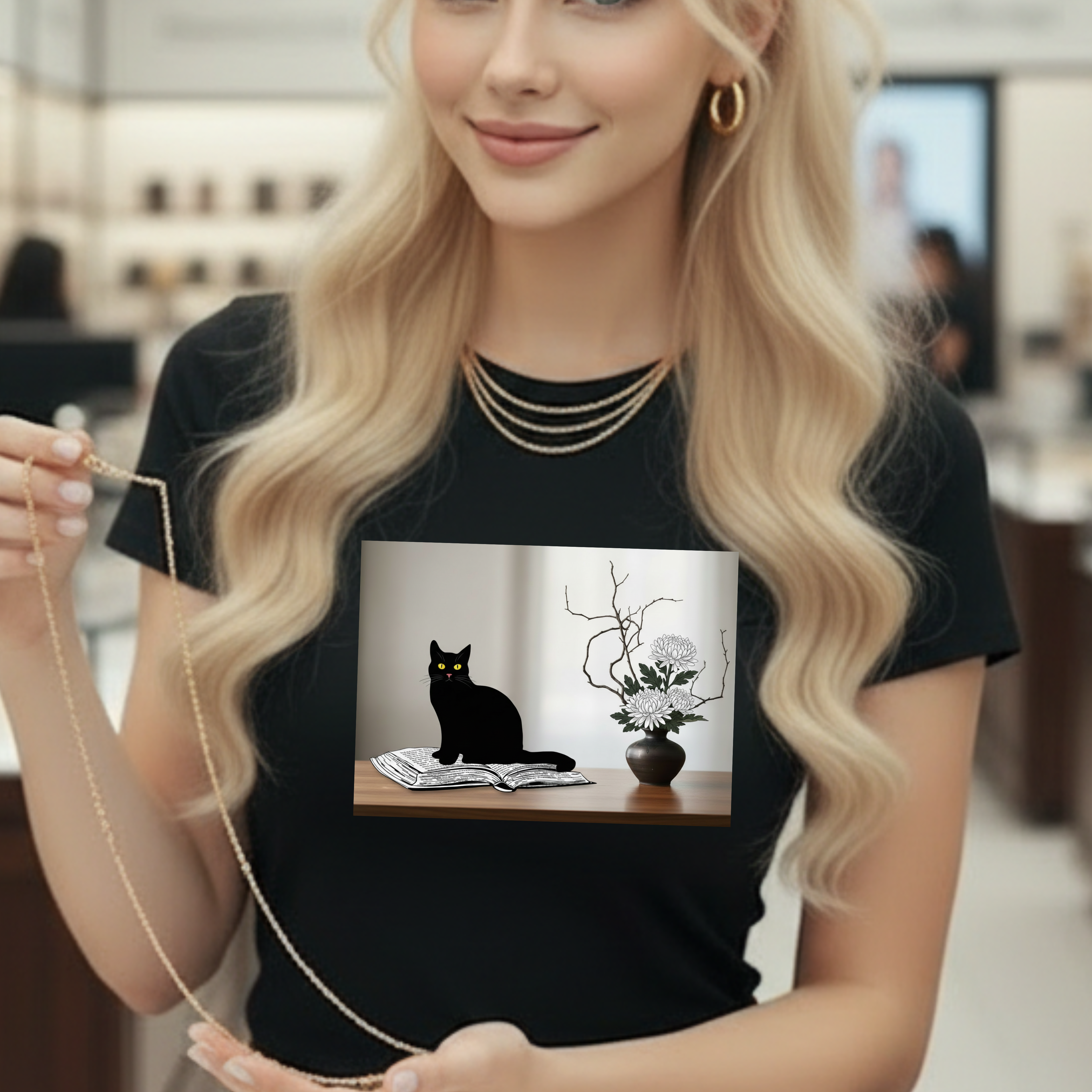 Black CatJapanese Still Life T‑Shirt — Minimalist Cat Art Tee