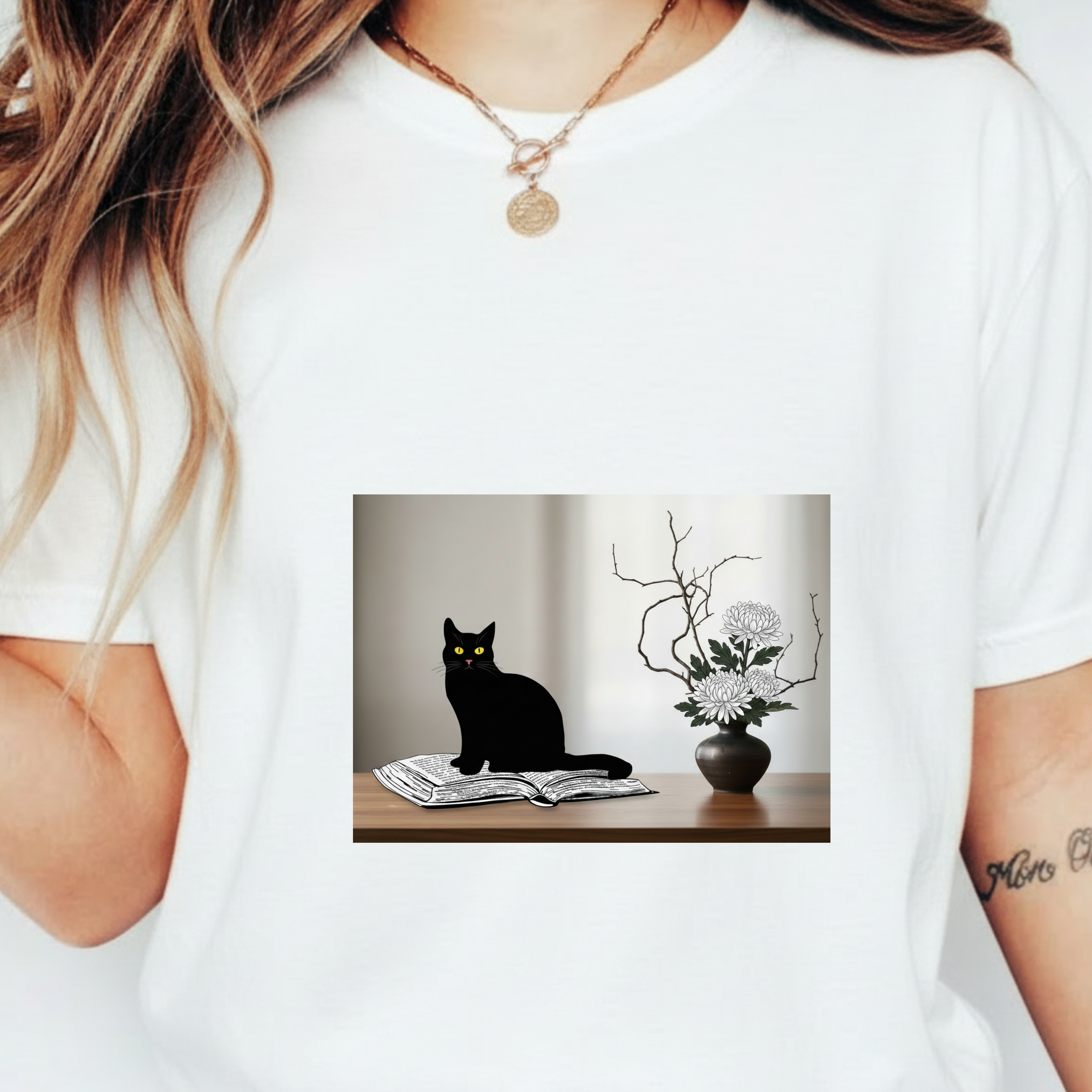 Black CatJapanese Still Life T‑Shirt — Minimalist Cat Art Tee